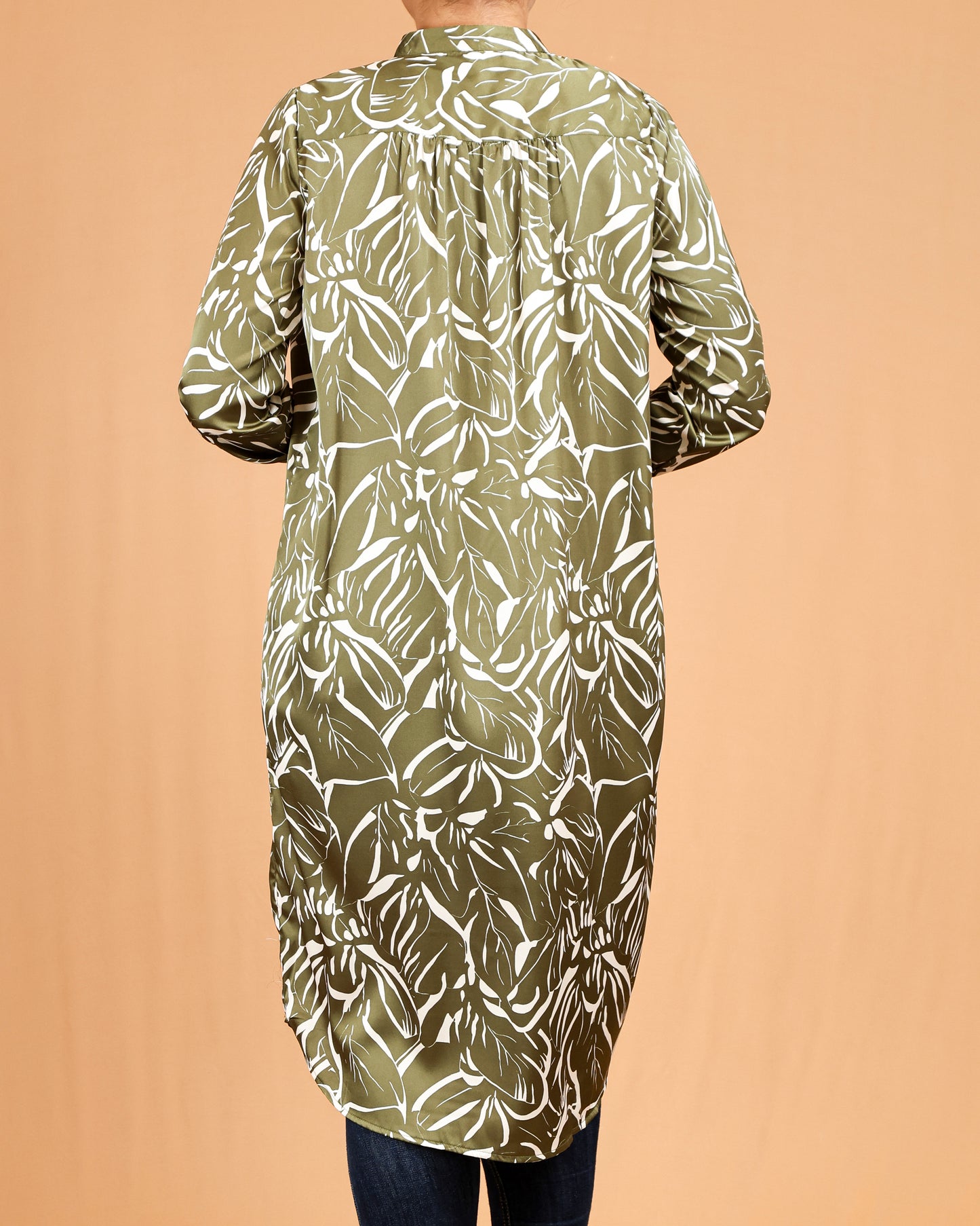 Mandarin Collar Gathered Yoke Olive Botanical Shirt Dress