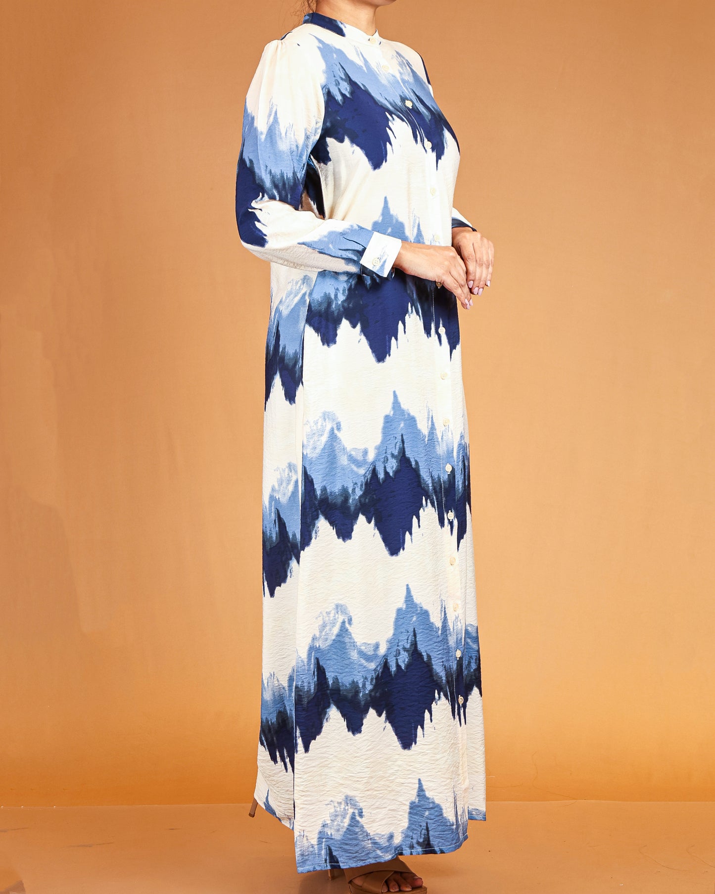 Azure Wave Print Button-Down Maxi Dress