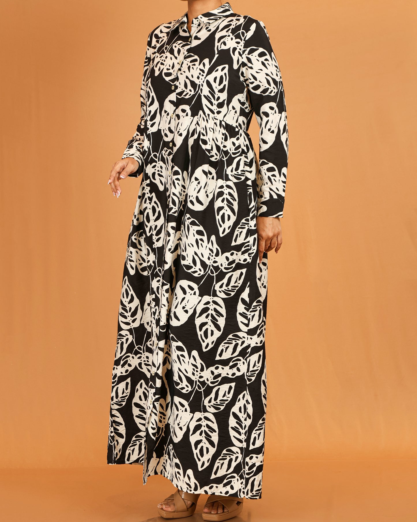 Aaliyah Black Leaf Print Button-Down Dress