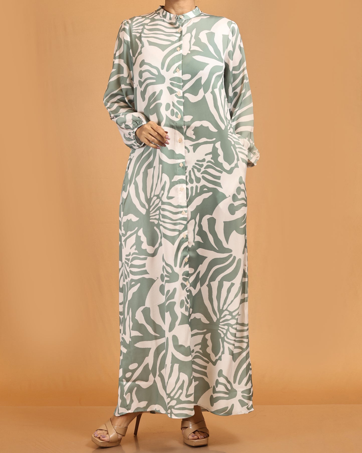 Soft Sage Botanical Button-Down Maxi