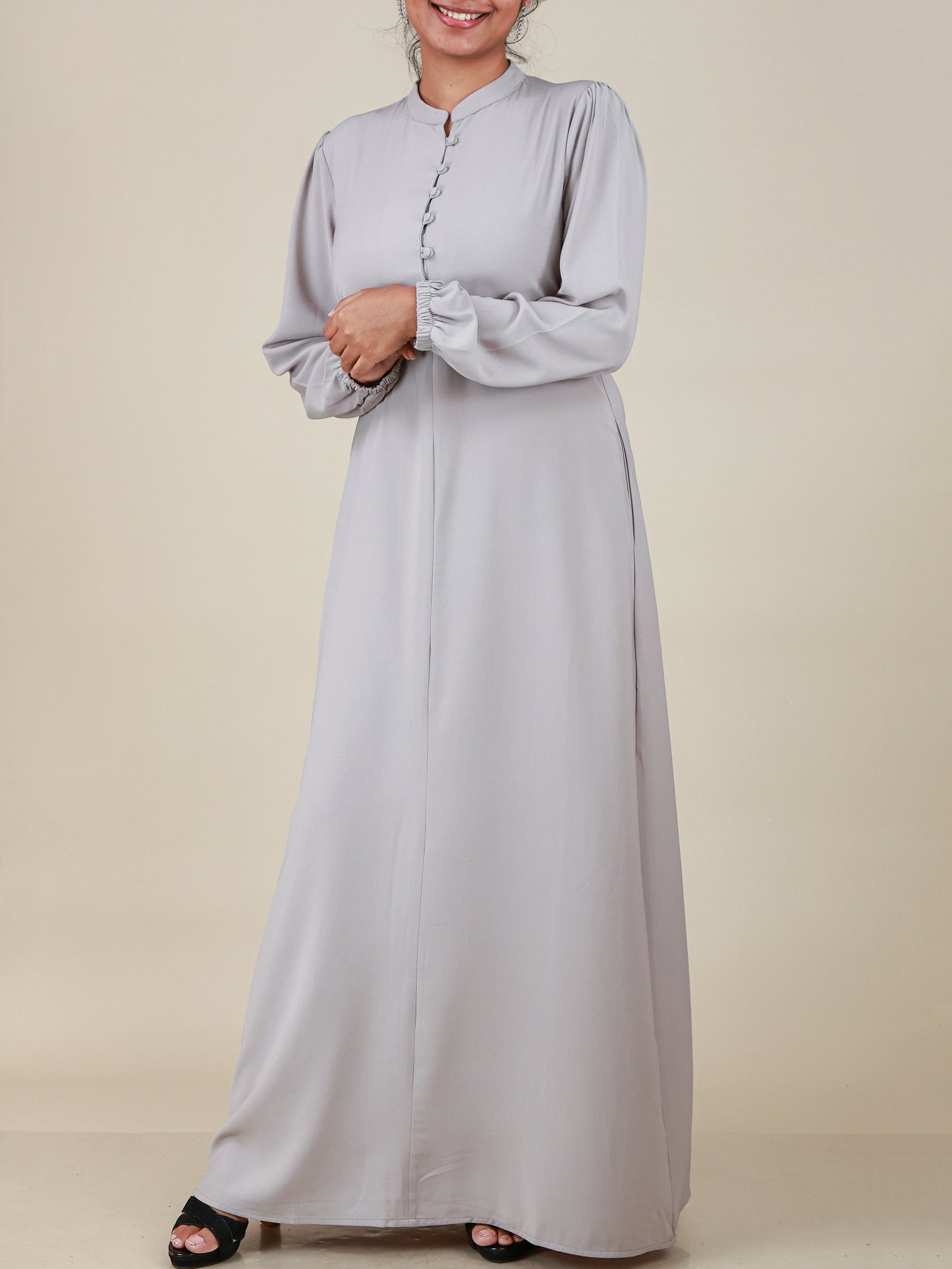 Elara Silver Mist Button Detail Abaya