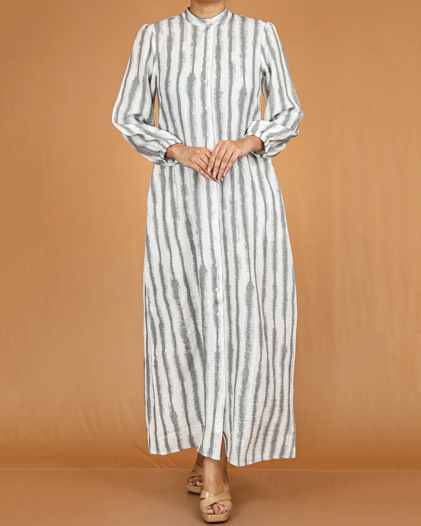 Skyline Grey Stripe Modest Shirt Maxi Dress