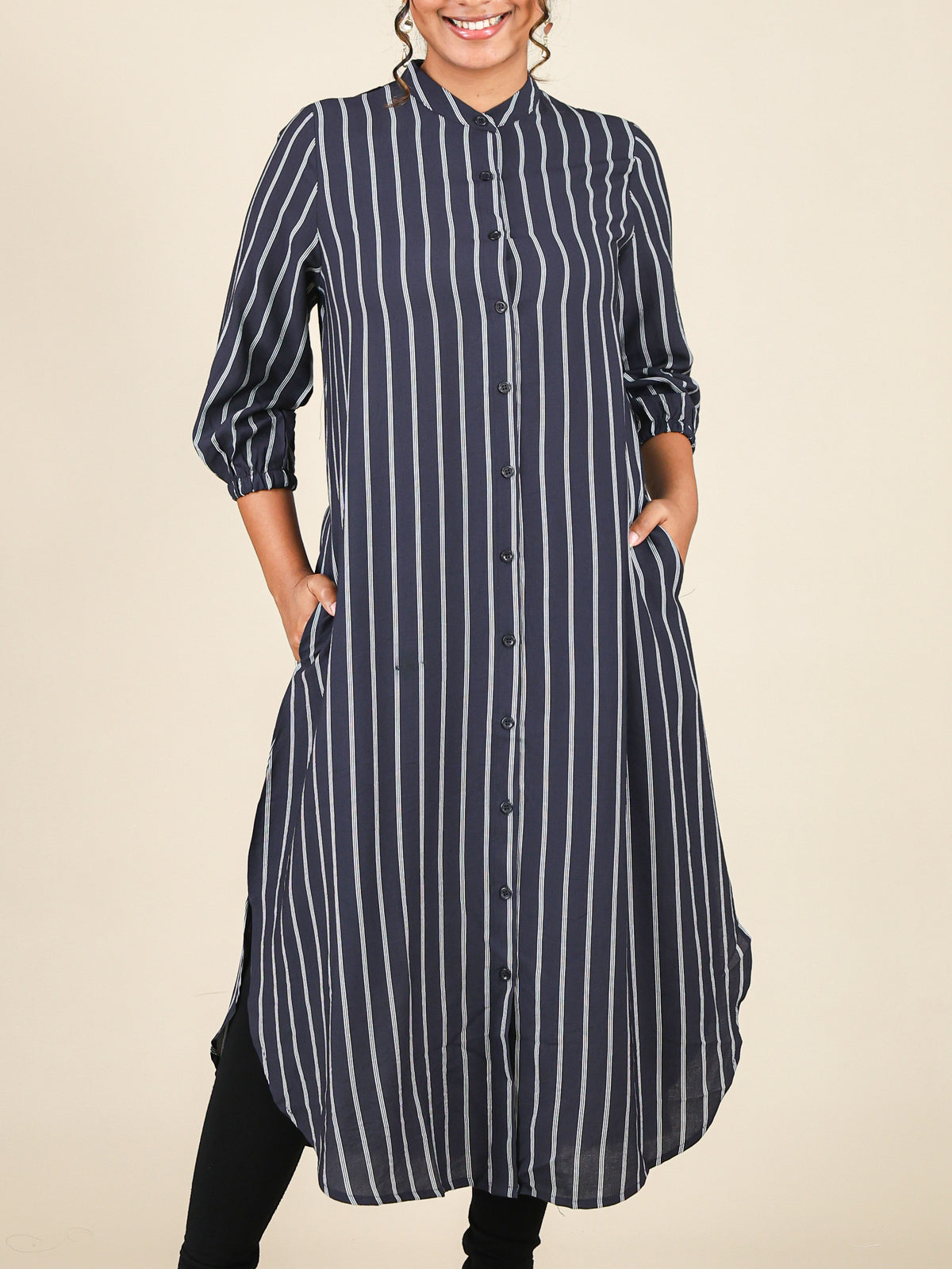 Zaria Navy Blue Pinstripe Mandarin Midi