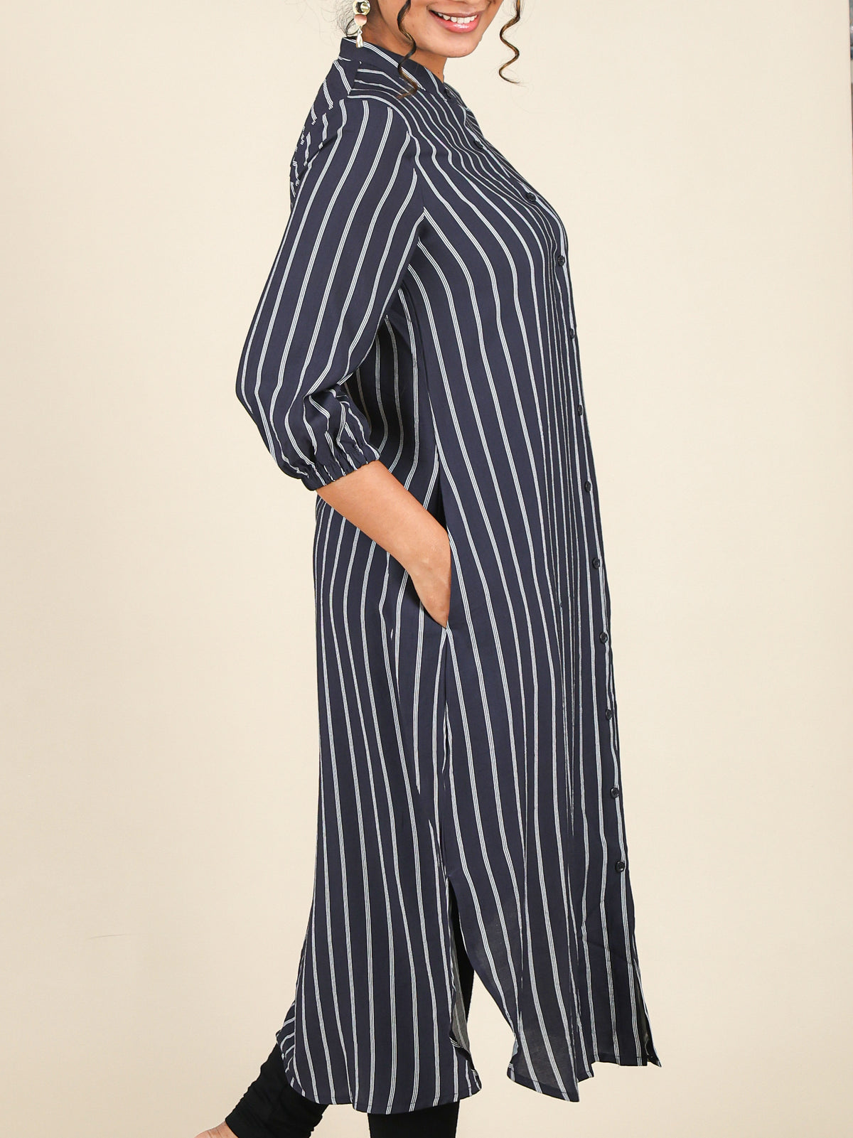Zaria Navy Blue Pinstripe Mandarin Midi