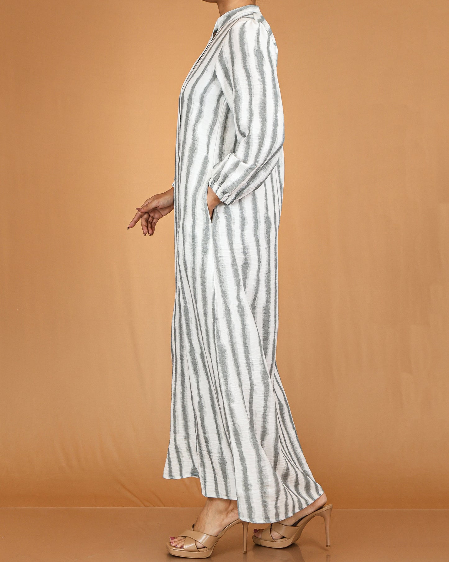 Skyline Grey Stripe Modest Shirt Maxi Dress