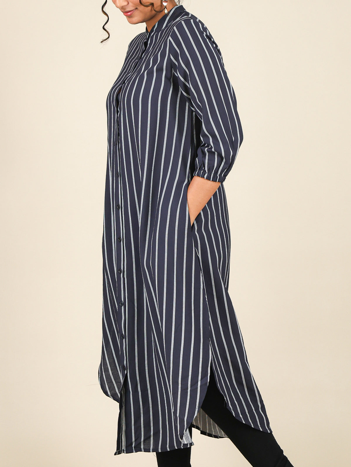 Zaria Navy Blue Pinstripe Mandarin Midi