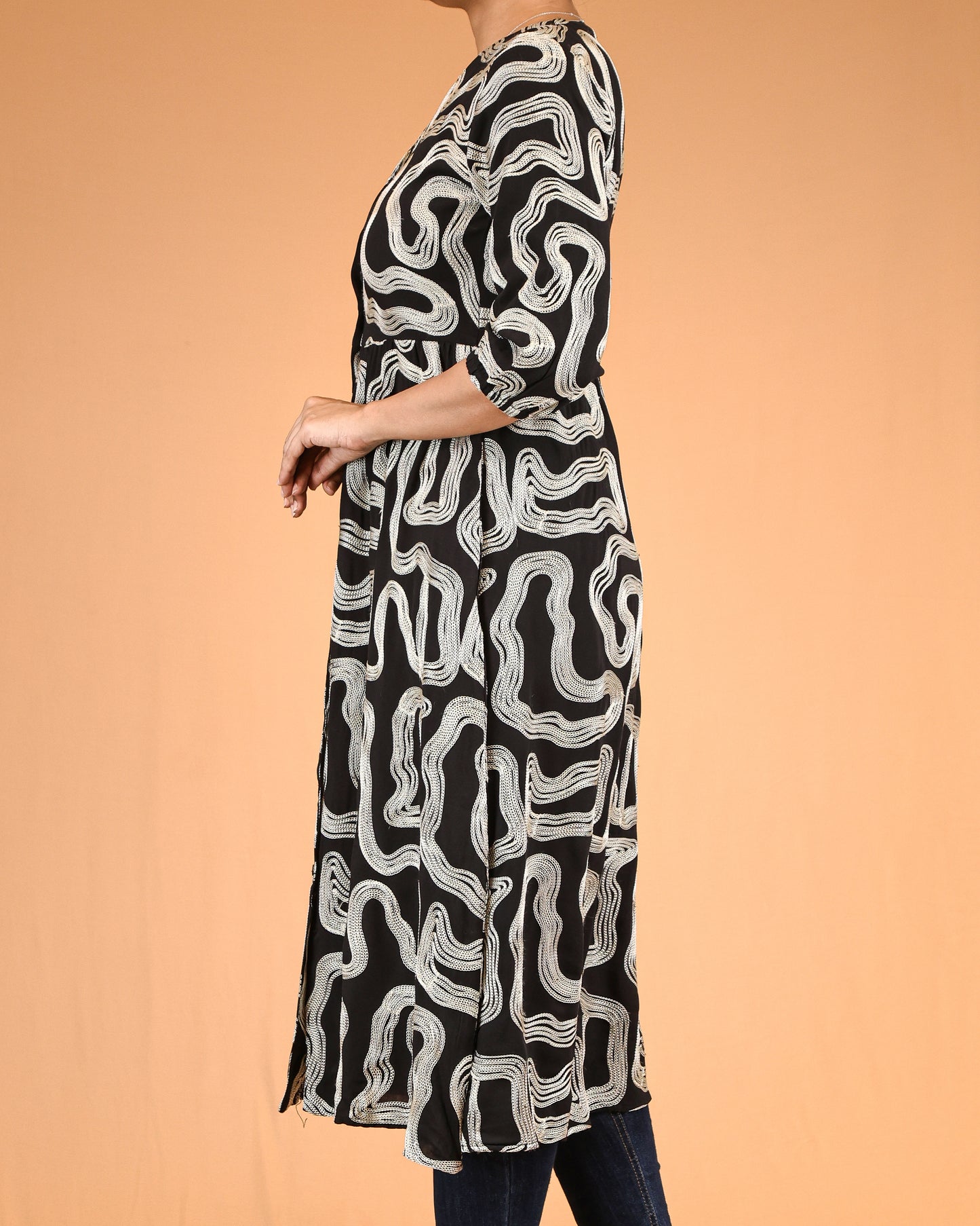 Midnight Noir Abstract Embroidered Midi Dress