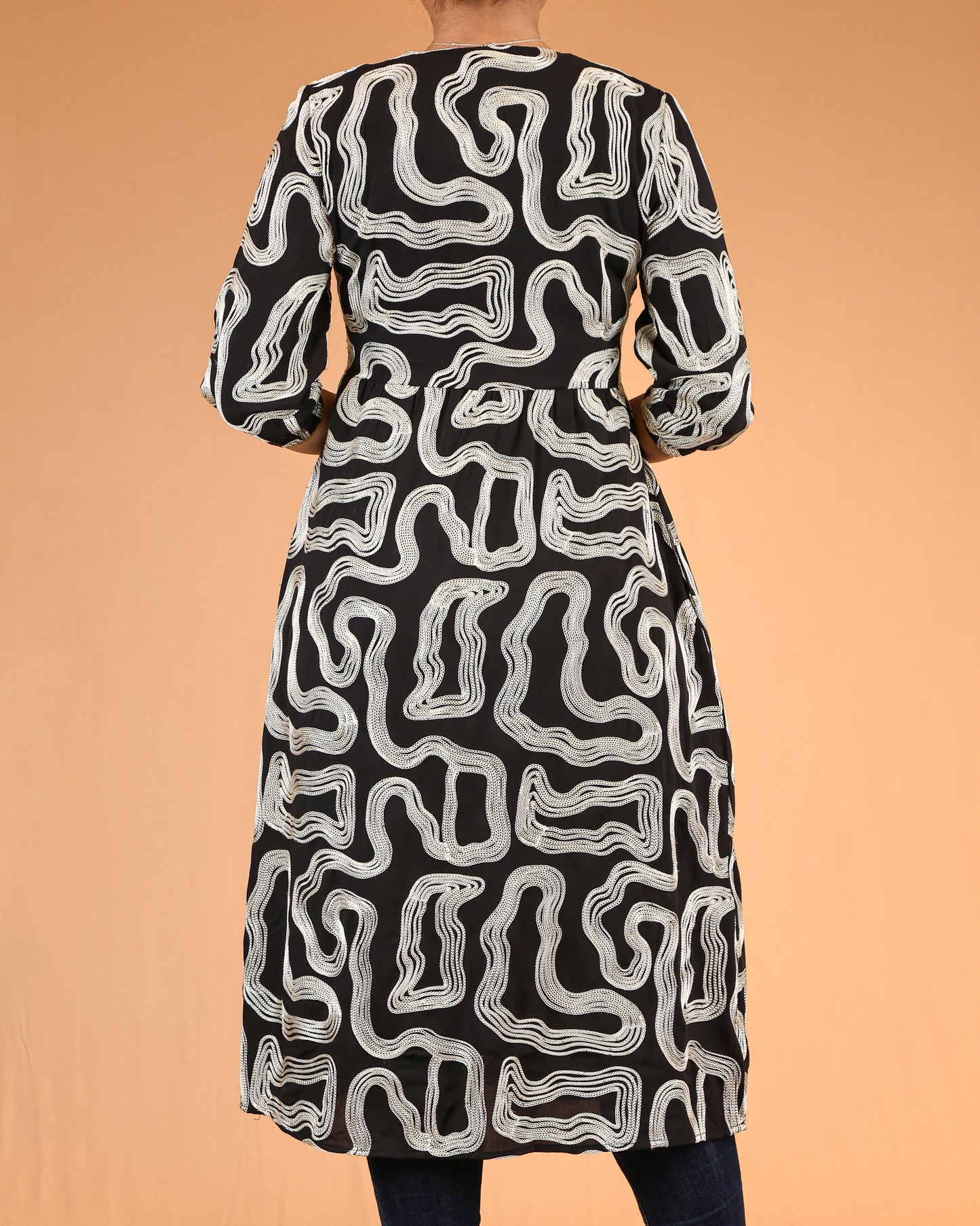 Midnight Noir Abstract Embroidered Midi Dress