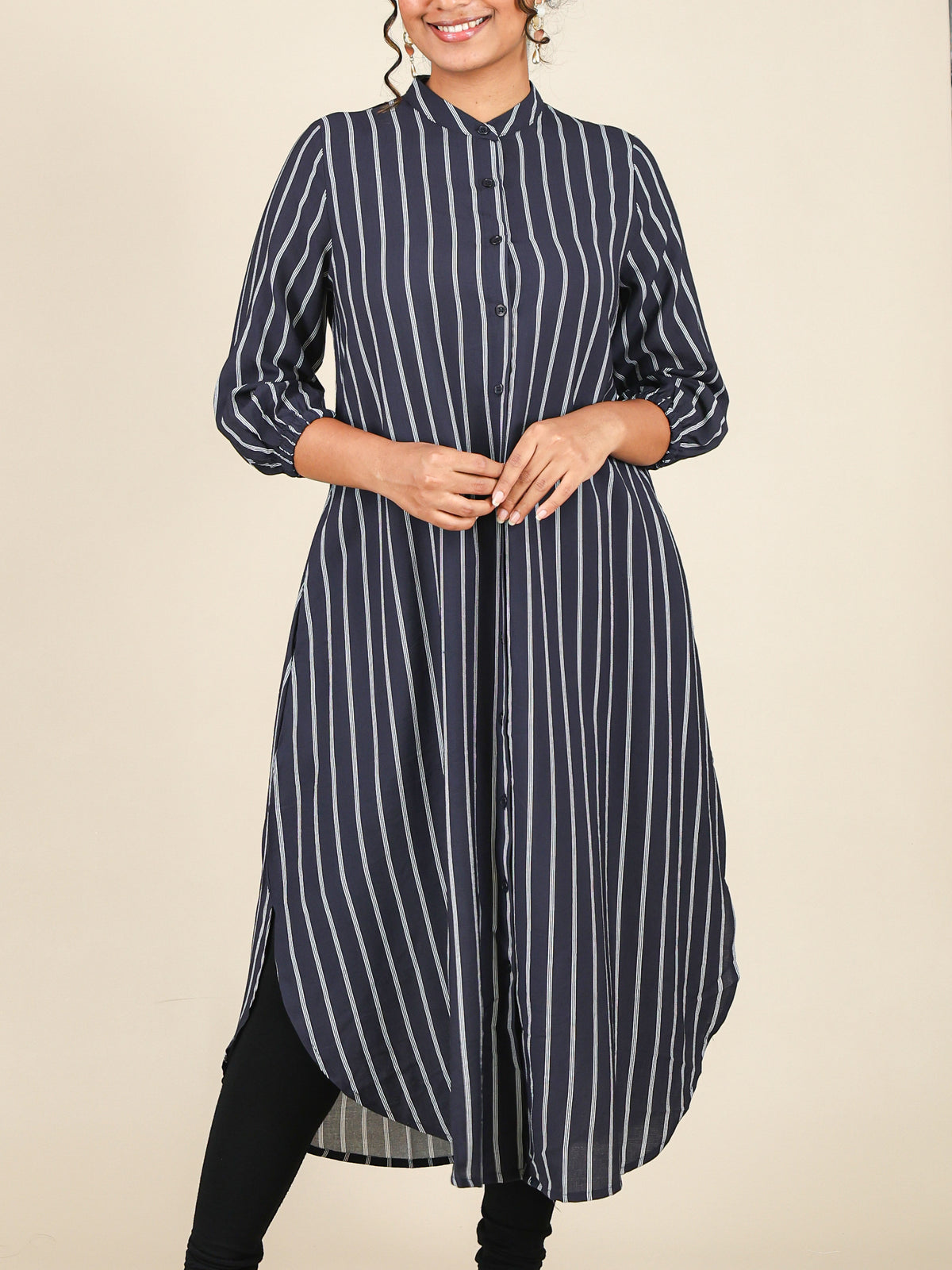 Zaria Navy Blue Pinstripe Mandarin Midi