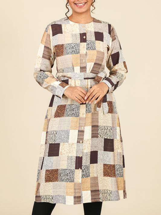 Calista Sand Beige Patchwork Button Front Midi