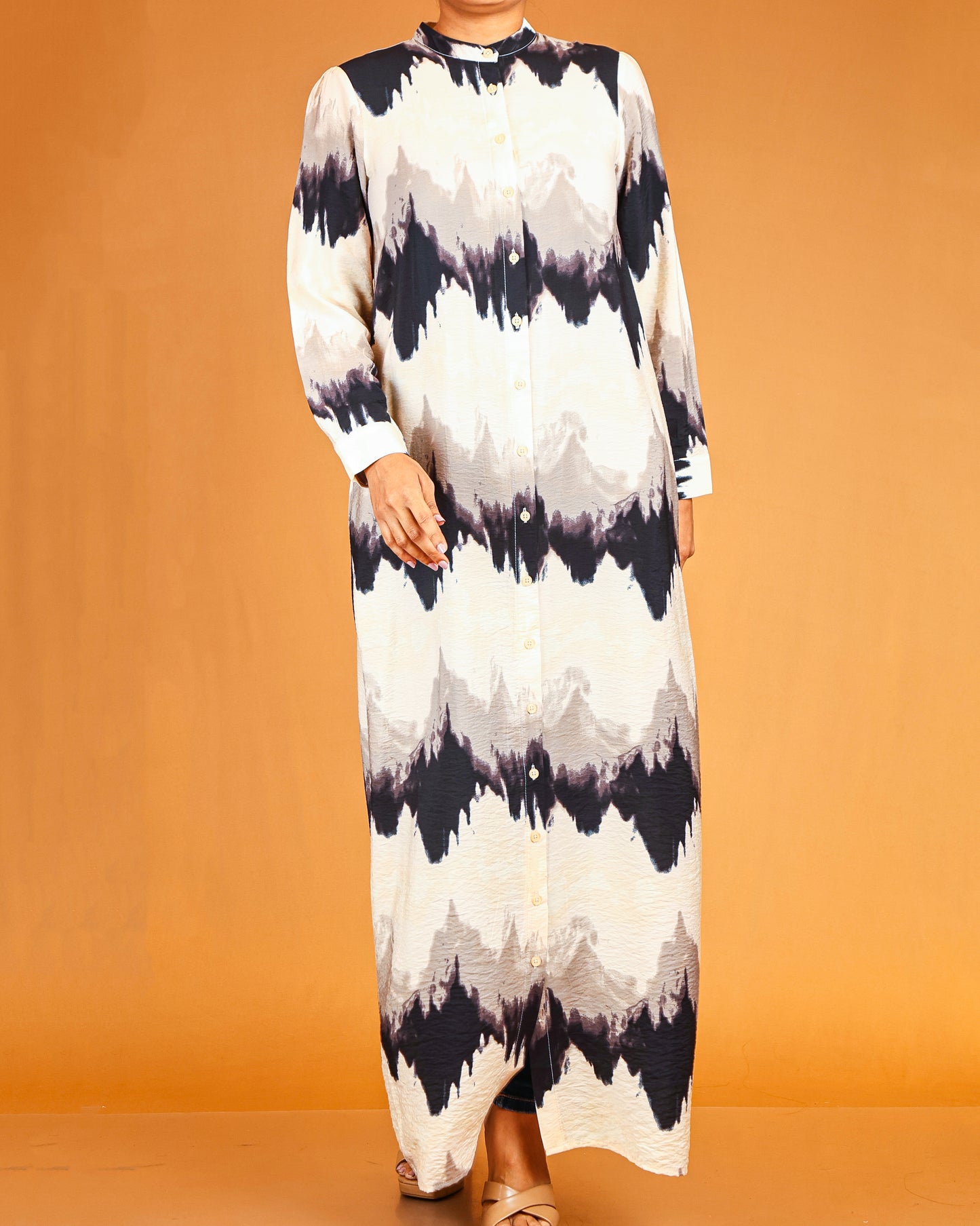 Midnight Mist Wave Print Button-Down Maxi Dress