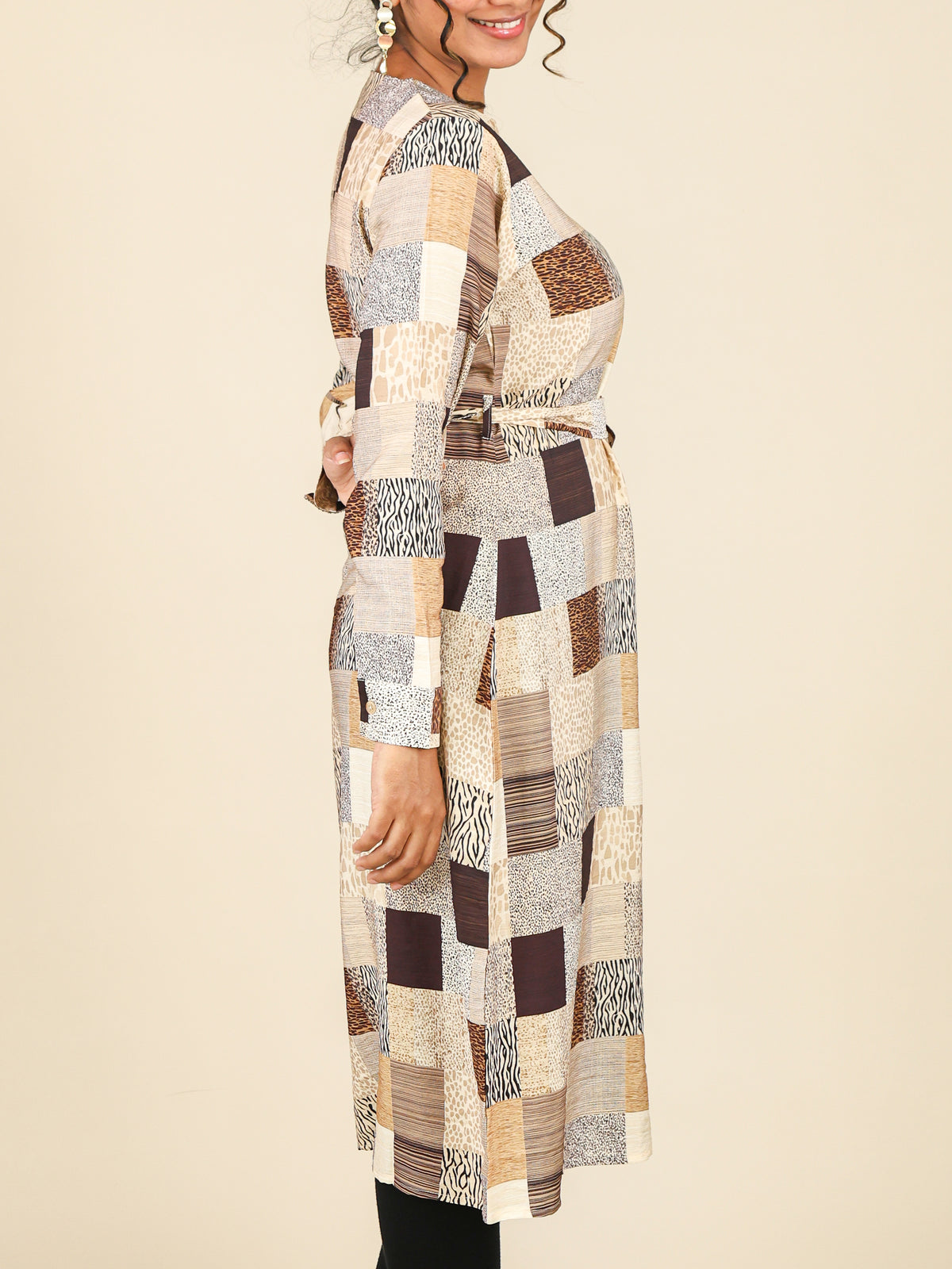 Calista Sand Beige Patchwork Button Front Midi