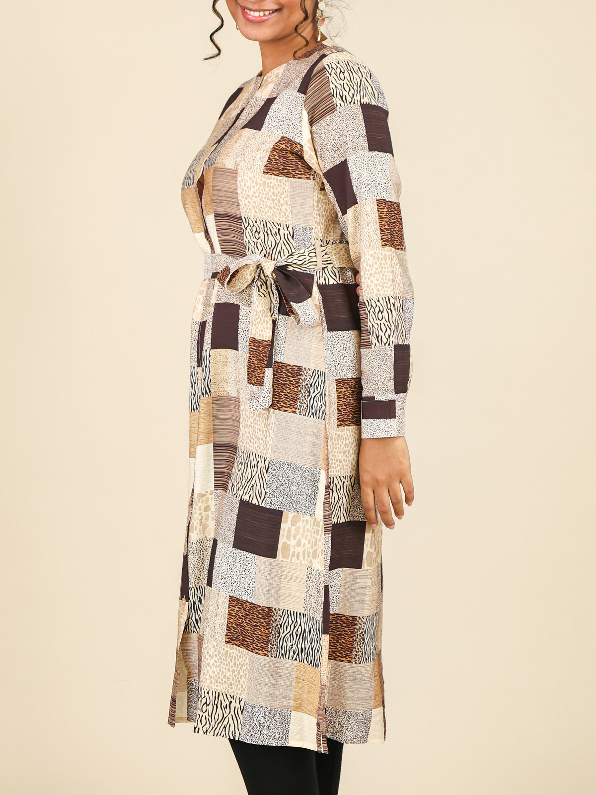 Calista Sand Beige Patchwork Button Front Midi