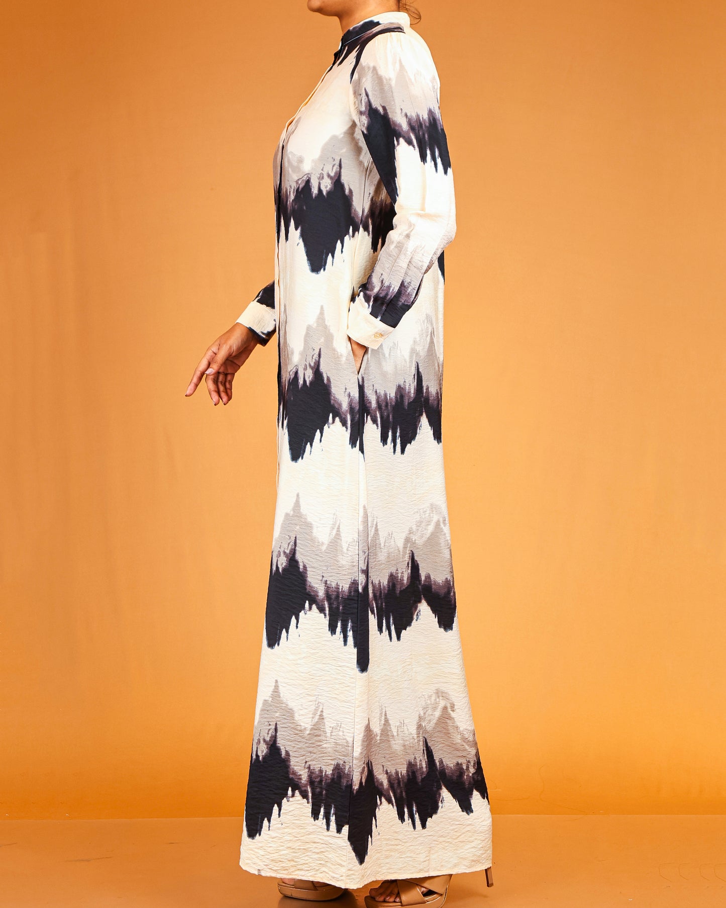 Midnight Mist Wave Print Button-Down Maxi Dress