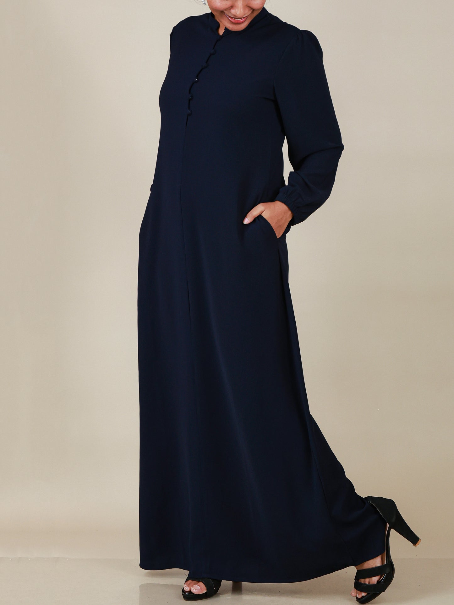 Elara Midnight Navy Button Detail Abaya