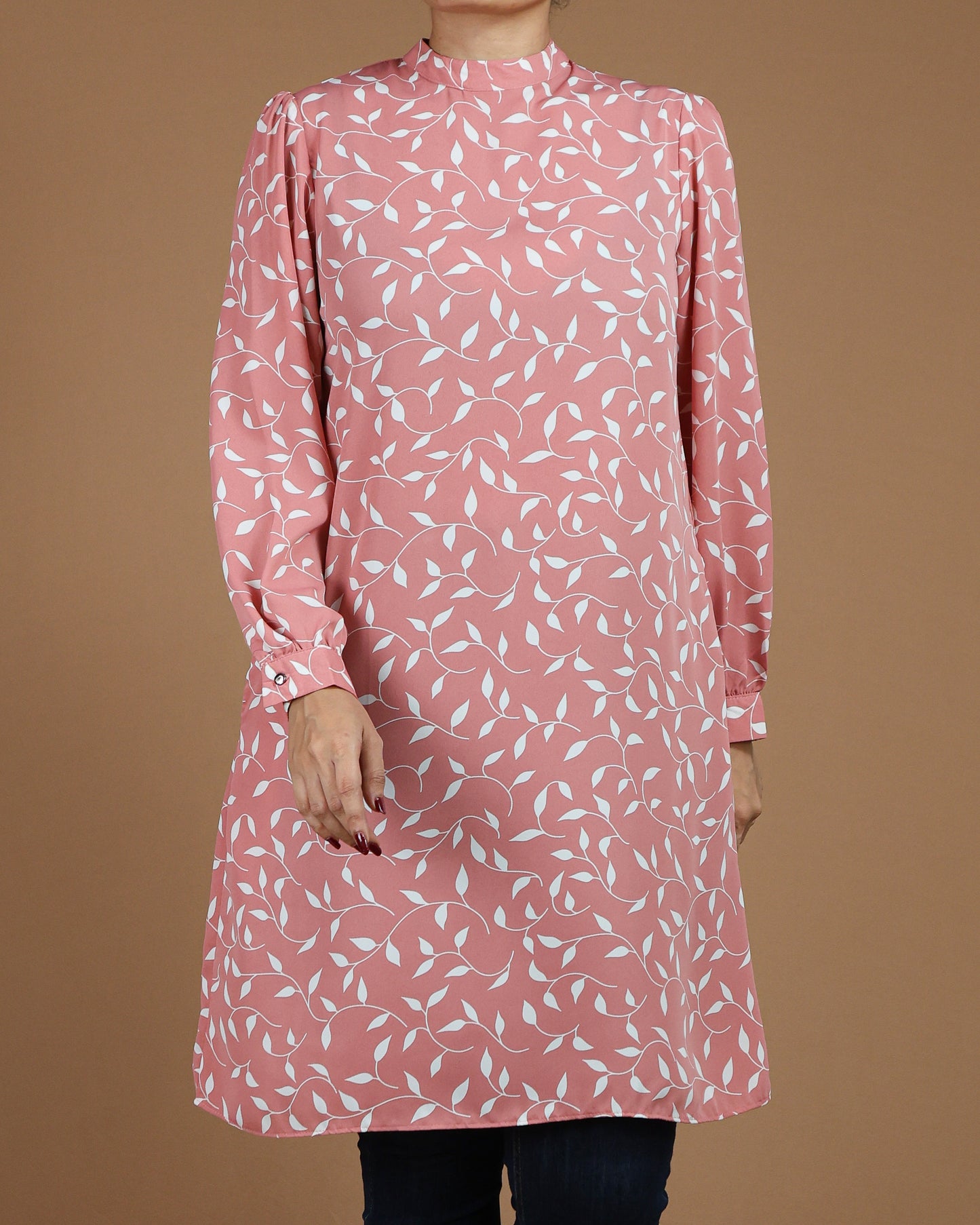 Leaf-Print Long Top with Pockets