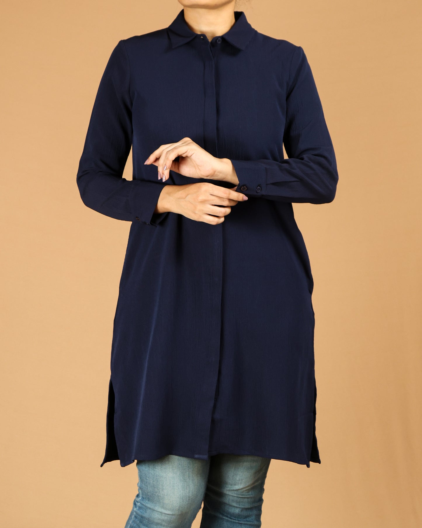 Classic Button-Down Long Shirt with Side Slits