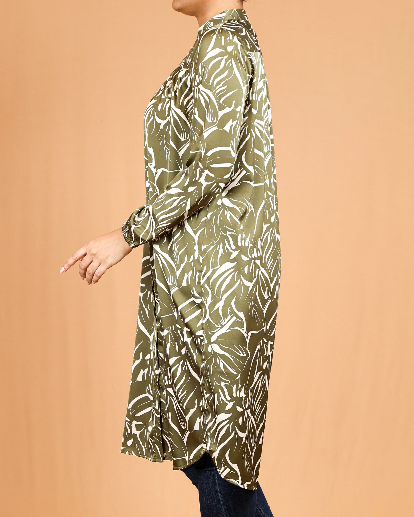 Mandarin Collar Gathered Yoke Olive Botanical Shirt Dress