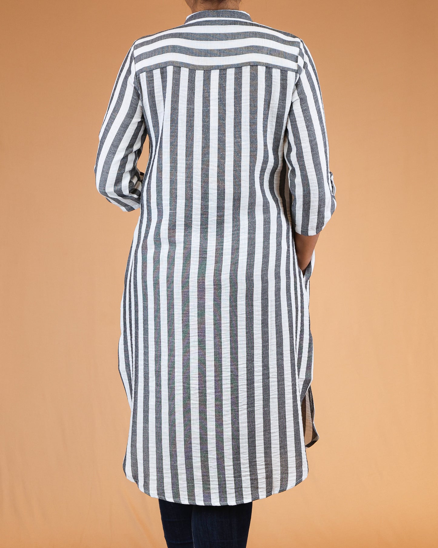 Charcoal Grey Striped Buttoned Top with Roll Up Sleeves