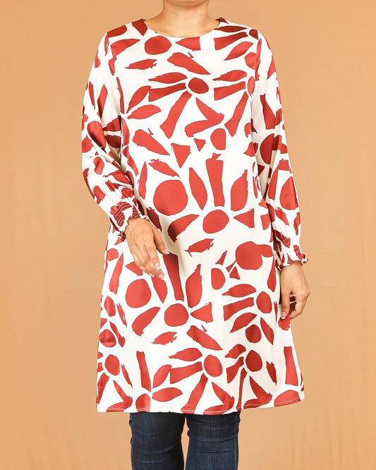 Red Abstract Print Midi Top with Gathered Sleeves