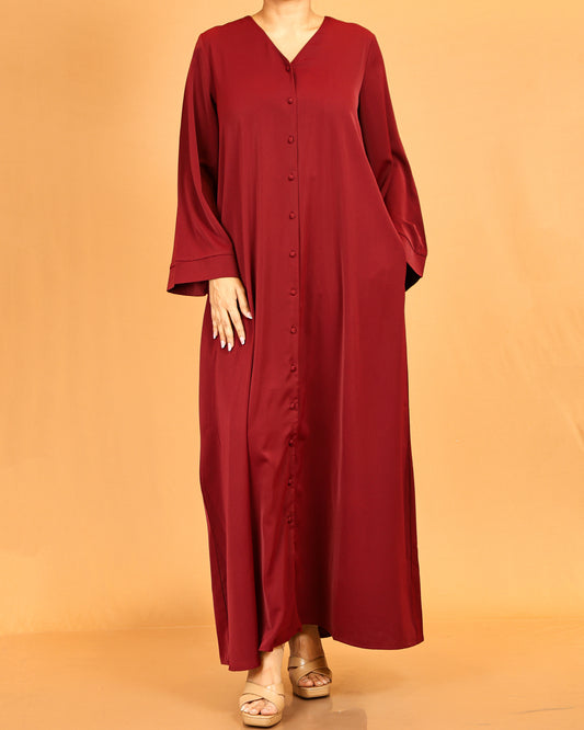 Button-Front Flared Sleeve Abaya Maxi – Maroon