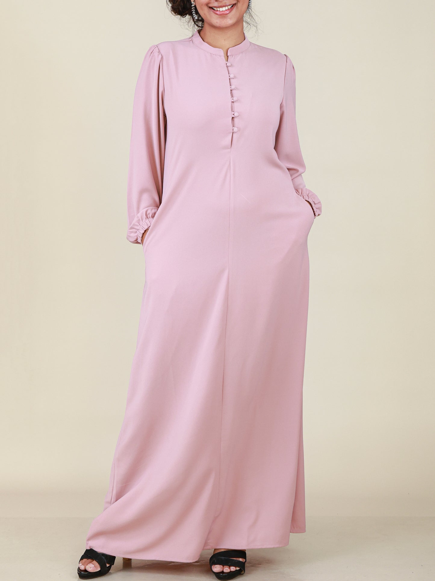 Elara Blush Pink Button Detail Abaya