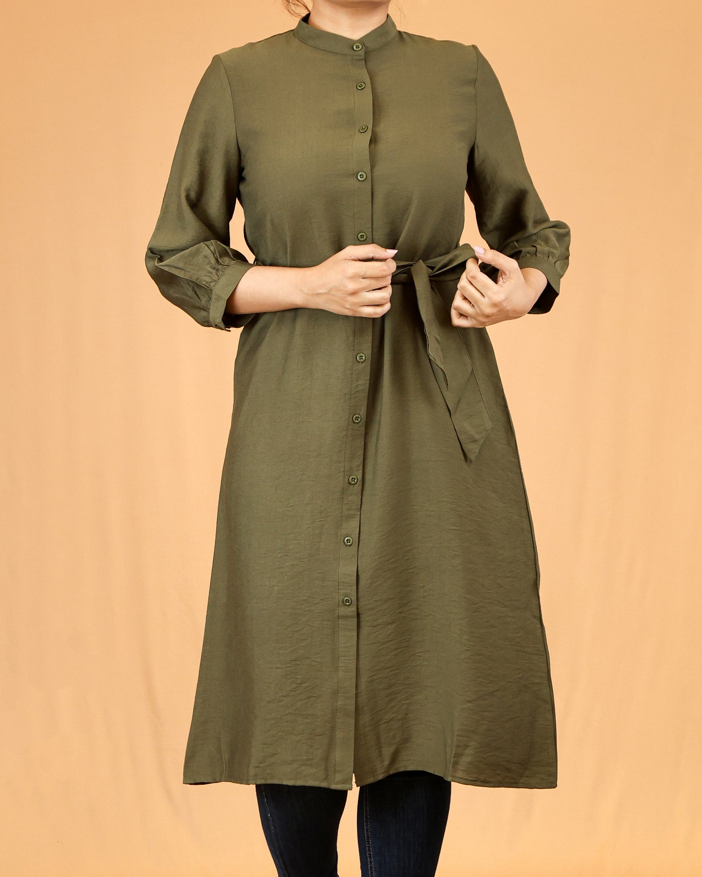 Olive Green Mandarin Collar Button-Down Shirt Dress with Waist Tie Belt