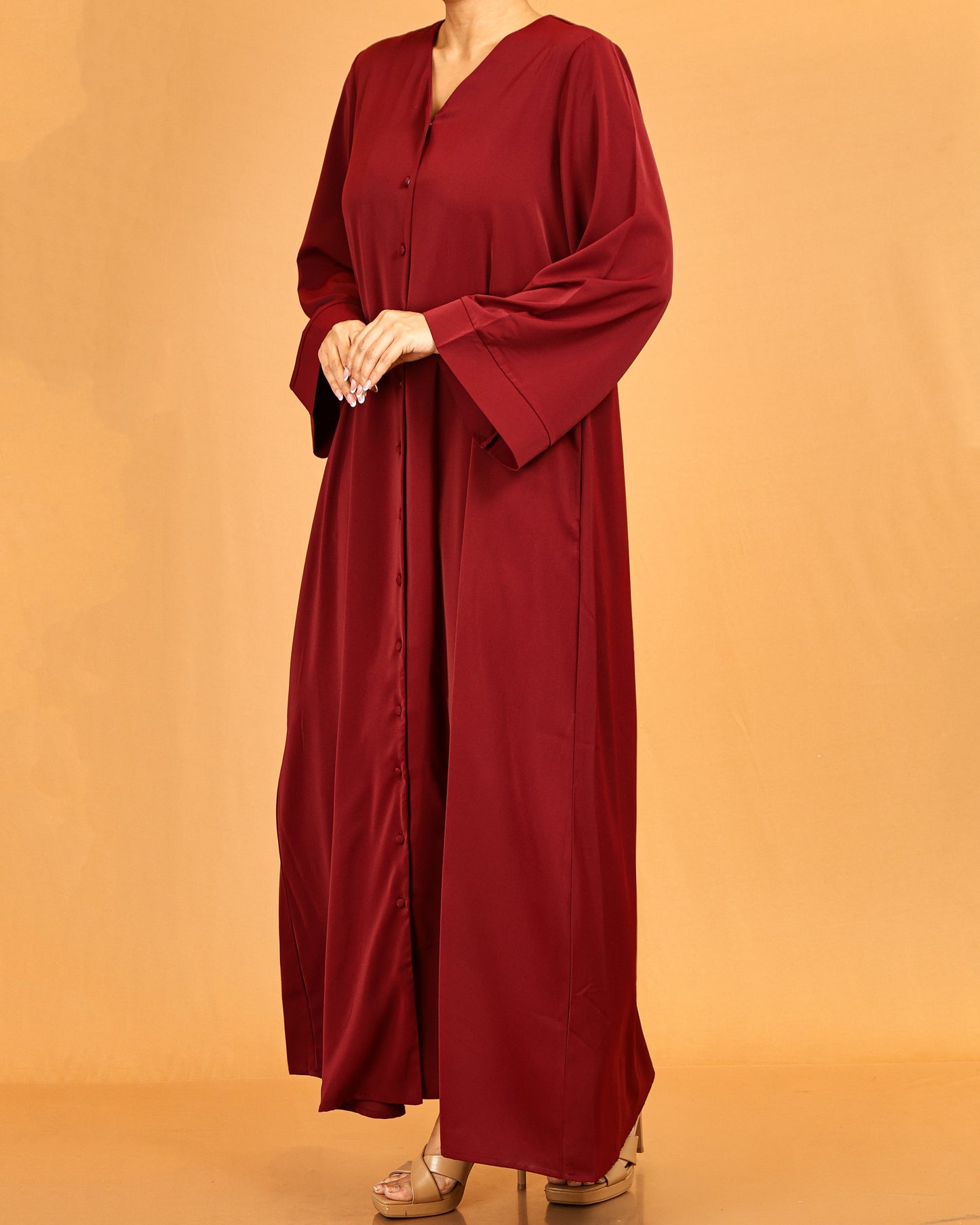 Button-Front Flared Sleeve Abaya Maxi – Maroon