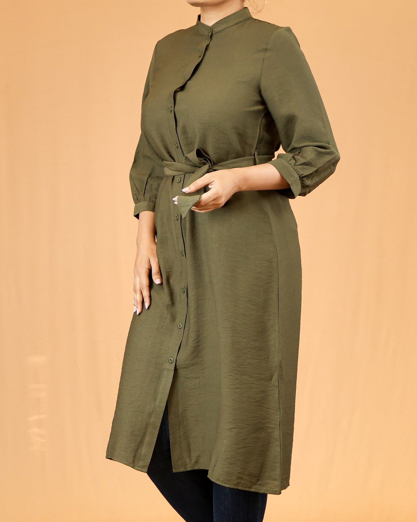 Olive Green Mandarin Collar Button-Down Shirt Dress with Waist Tie Belt