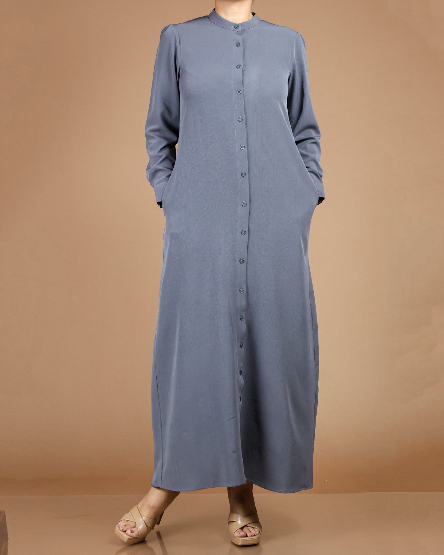 Textured Polyester Button-Down Maxi Dress
