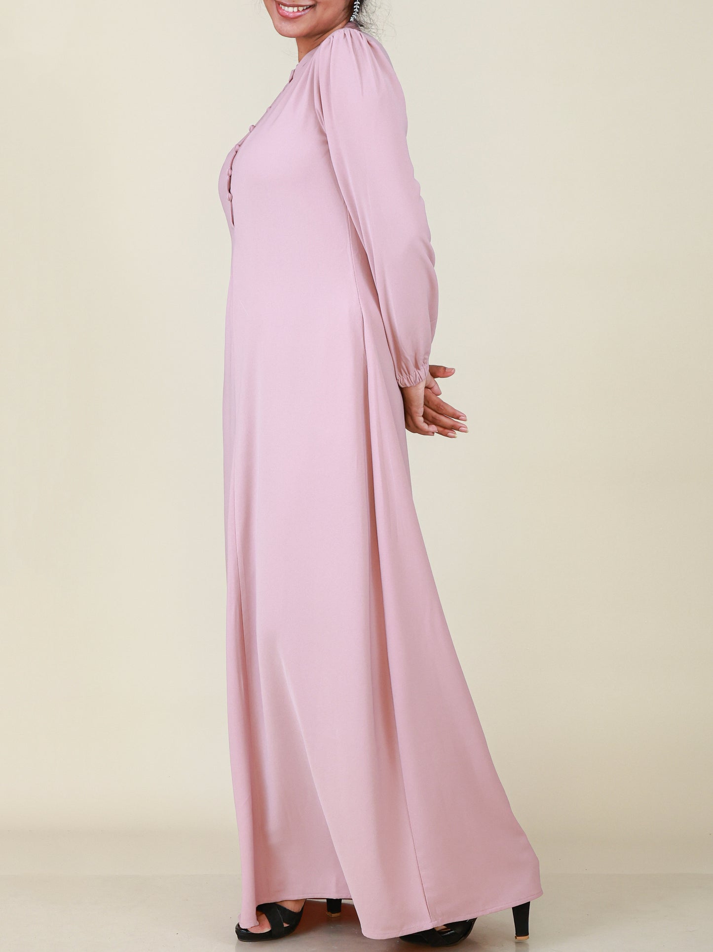 Elara Blush Pink Button Detail Abaya