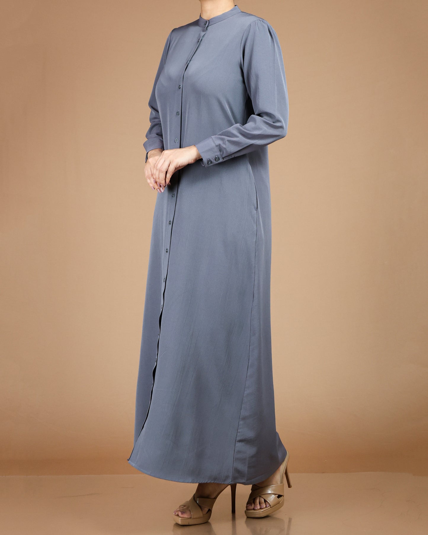 Textured Polyester Button-Down Maxi Dress