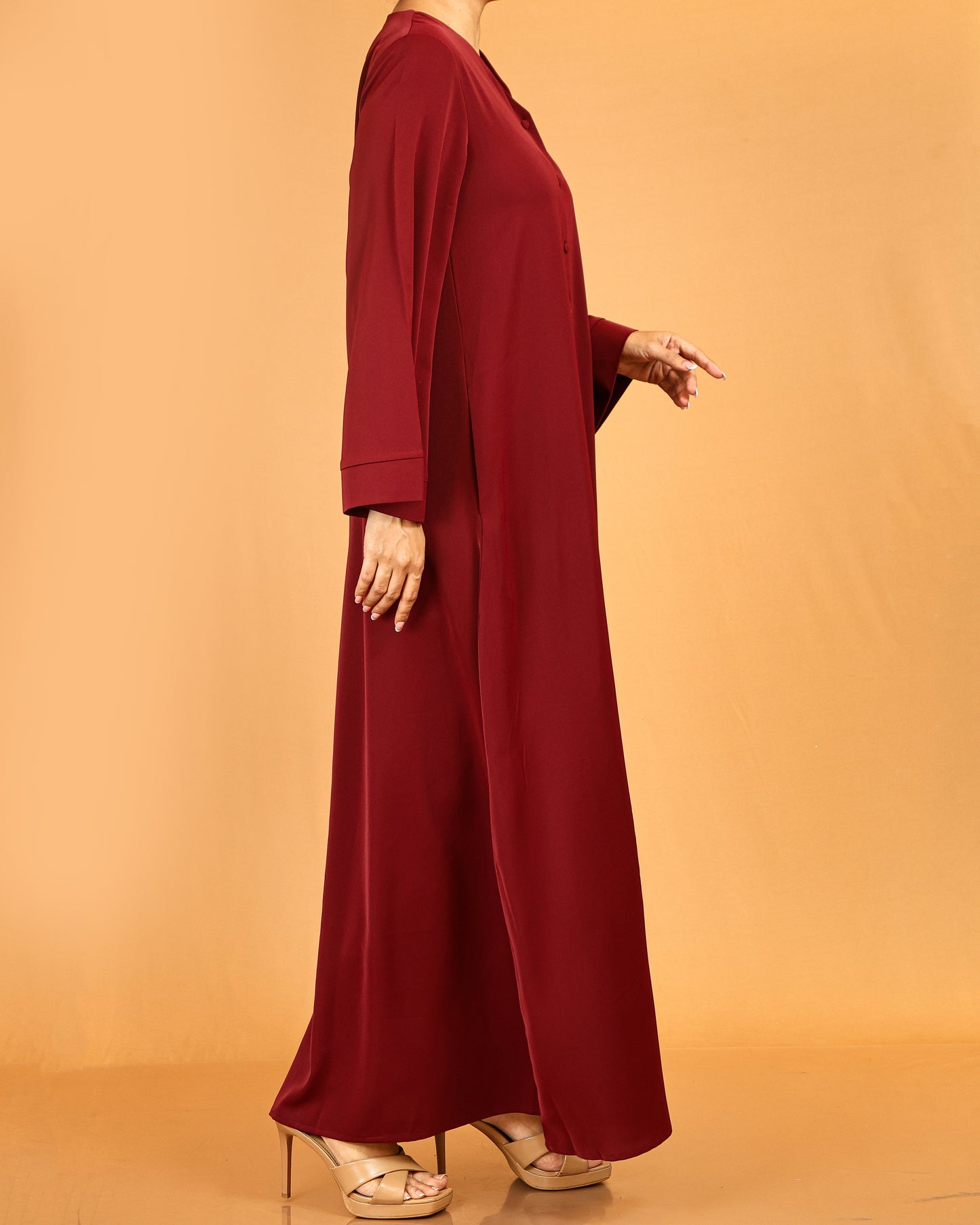 Button-Front Flared Sleeve Abaya Maxi – Maroon