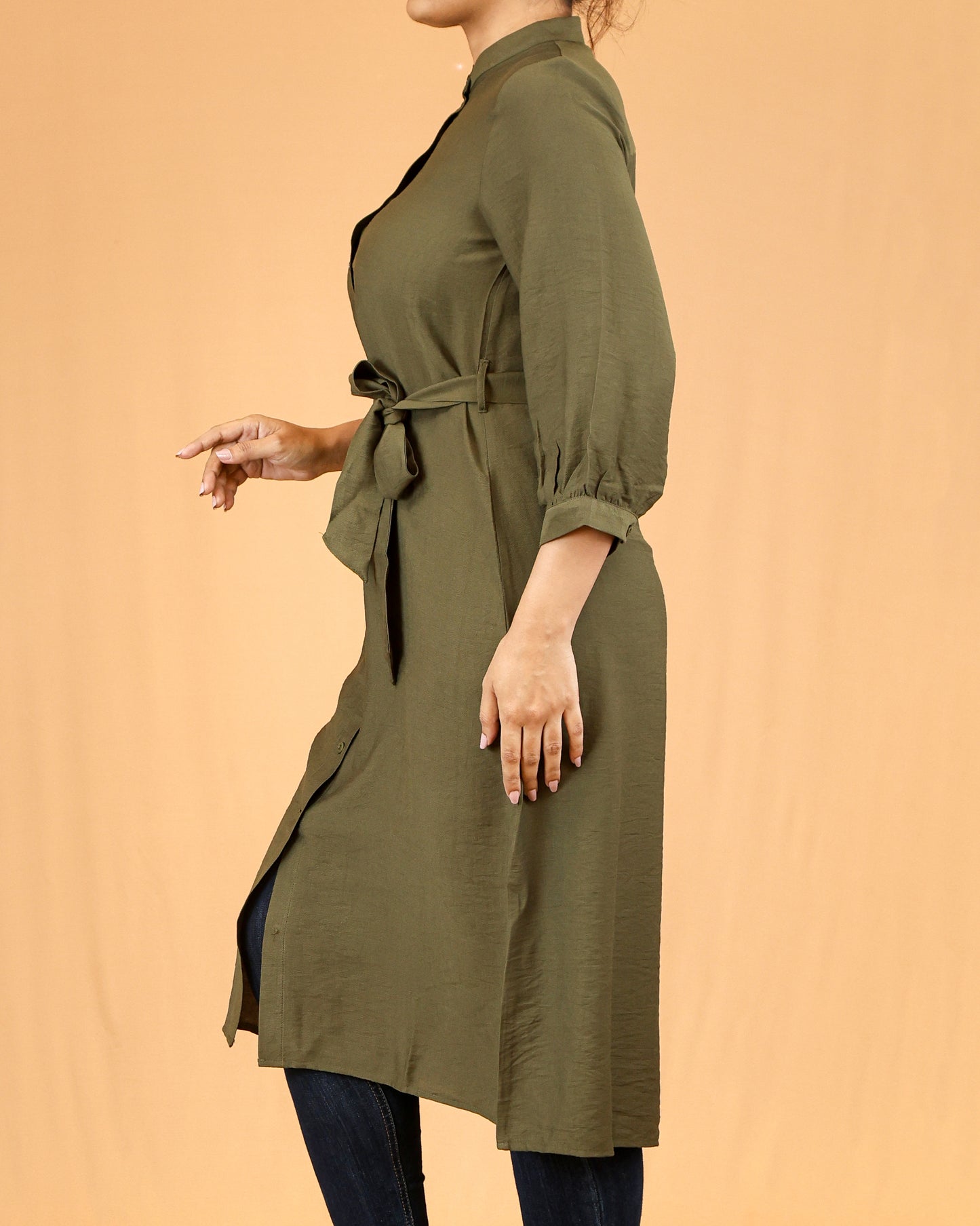 Olive Green Mandarin Collar Button-Down Shirt Dress with Waist Tie Belt