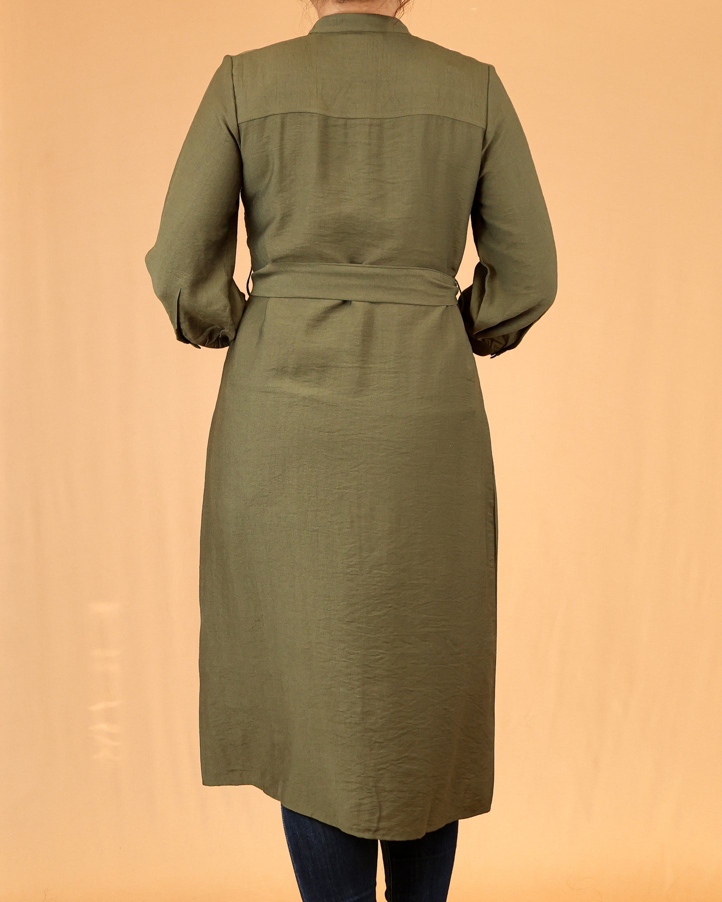 Olive Green Mandarin Collar Button-Down Shirt Dress with Waist Tie Belt