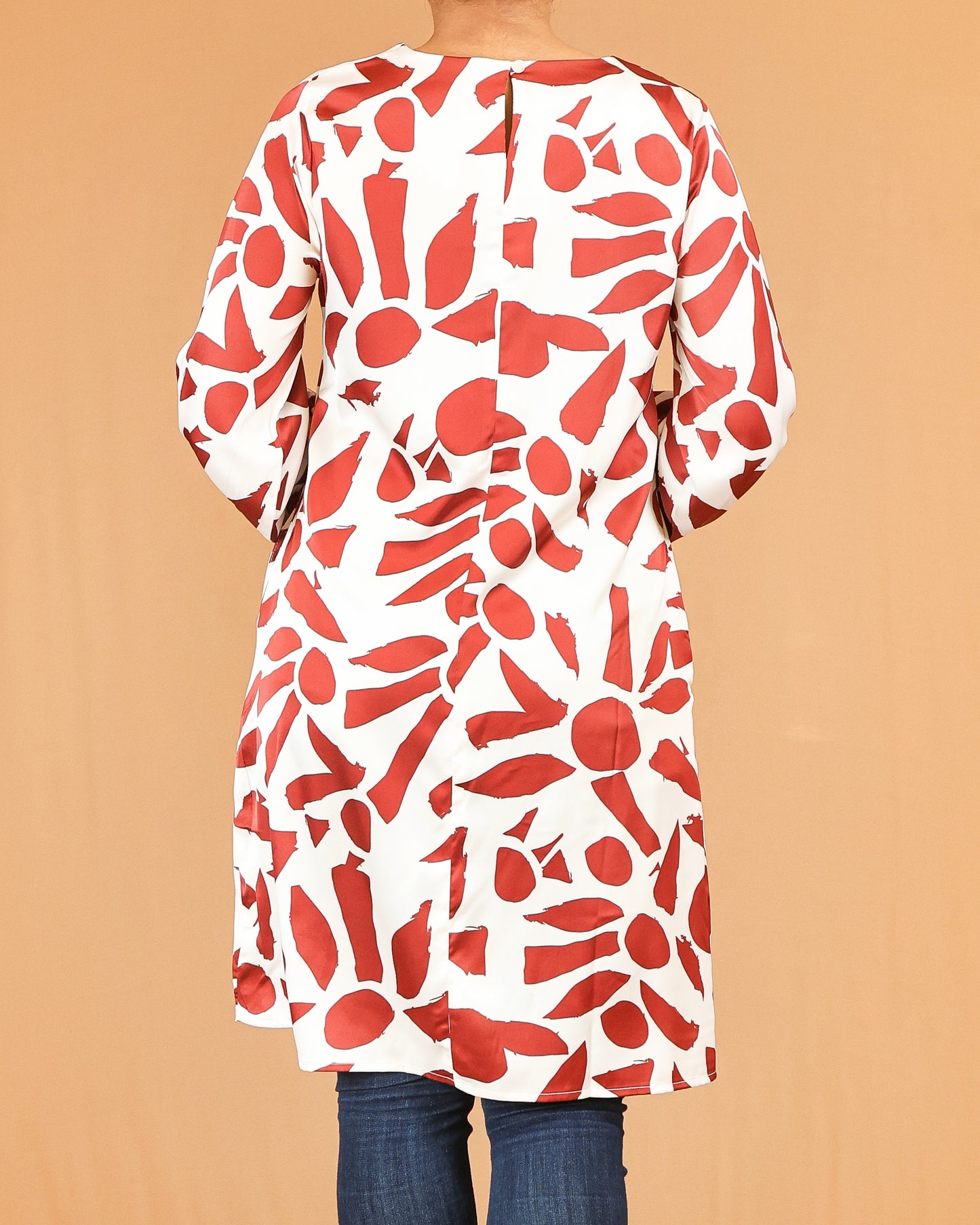 Red Abstract Print Midi Top with Gathered Sleeves
