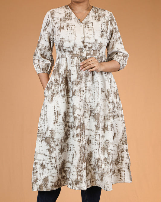Ivory Mocha Brushstroke Button-Front Long Top