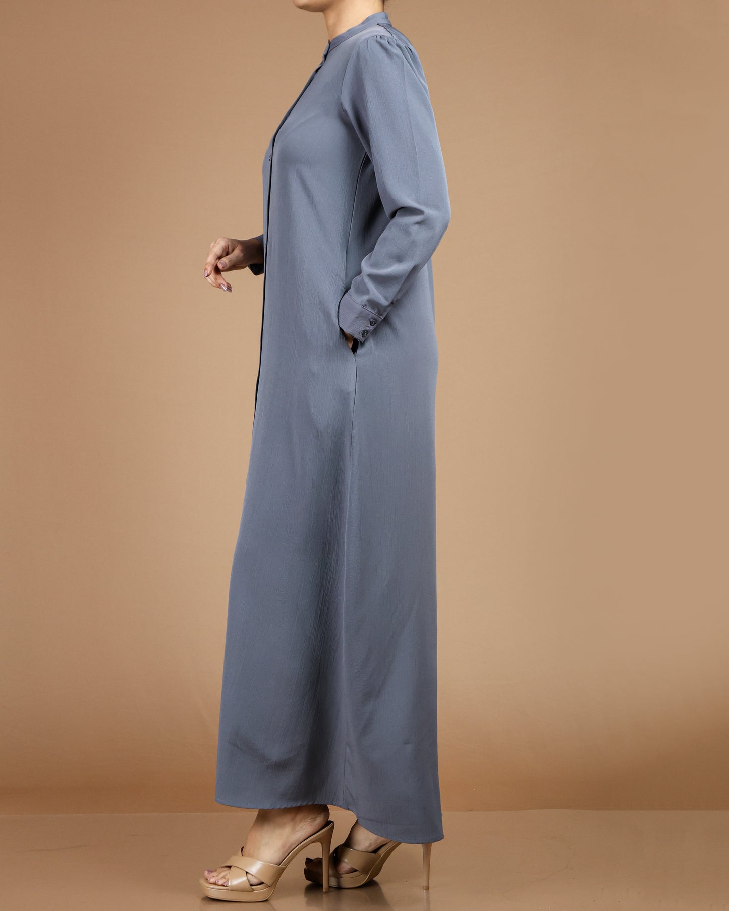 Textured Polyester Button-Down Maxi Dress