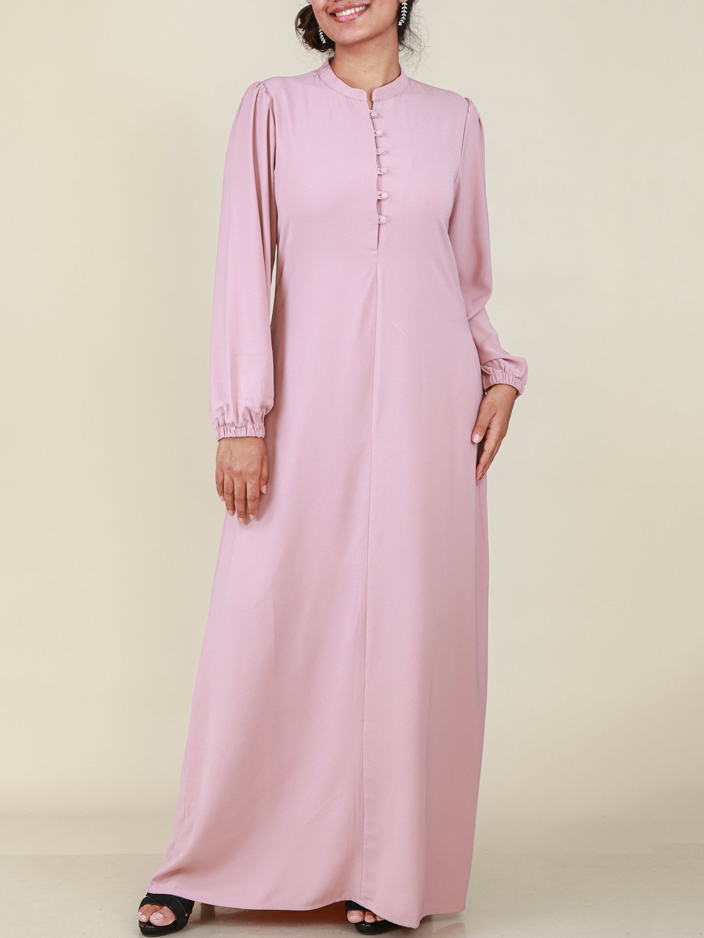 Elara Blush Pink Button Detail Abaya