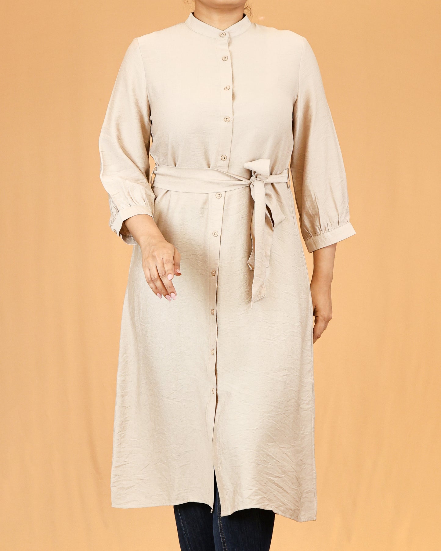 Beige Mandarin Collar Button-Down Shirt Dress with Waist Tie Belt