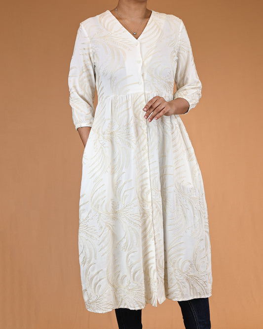 Ivory Gold-Embroidered Button-Front Midi Dress