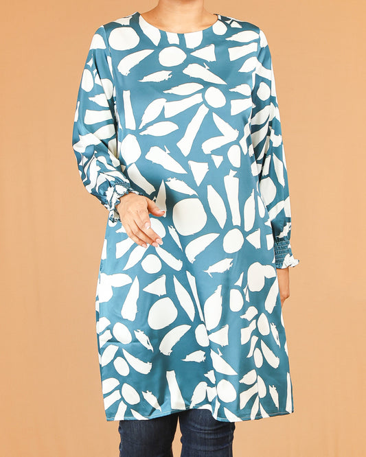 Teal Abstract Print Midi Top with Gathered Sleeves