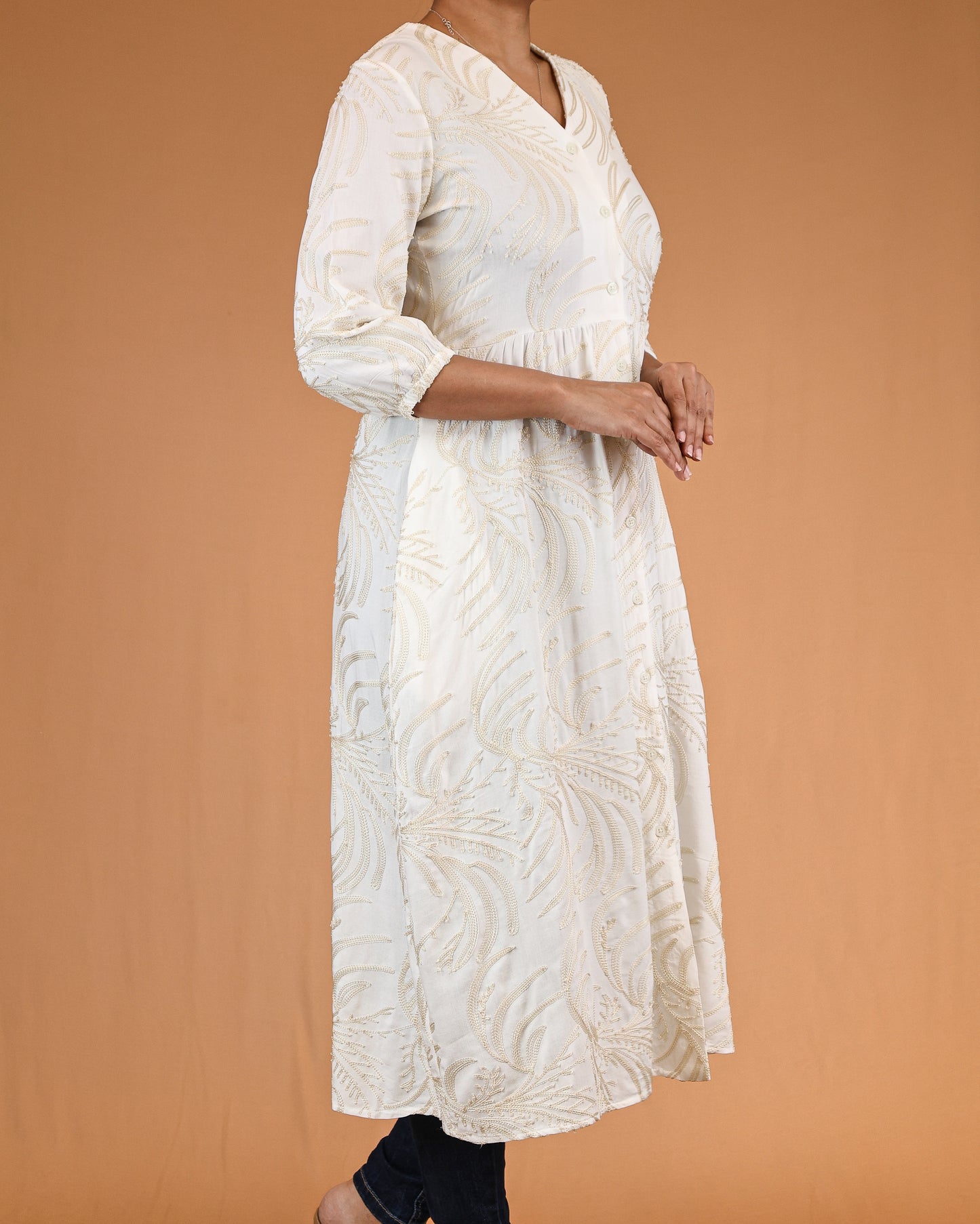 Ivory Gold-Embroidered Button-Front Midi Dress