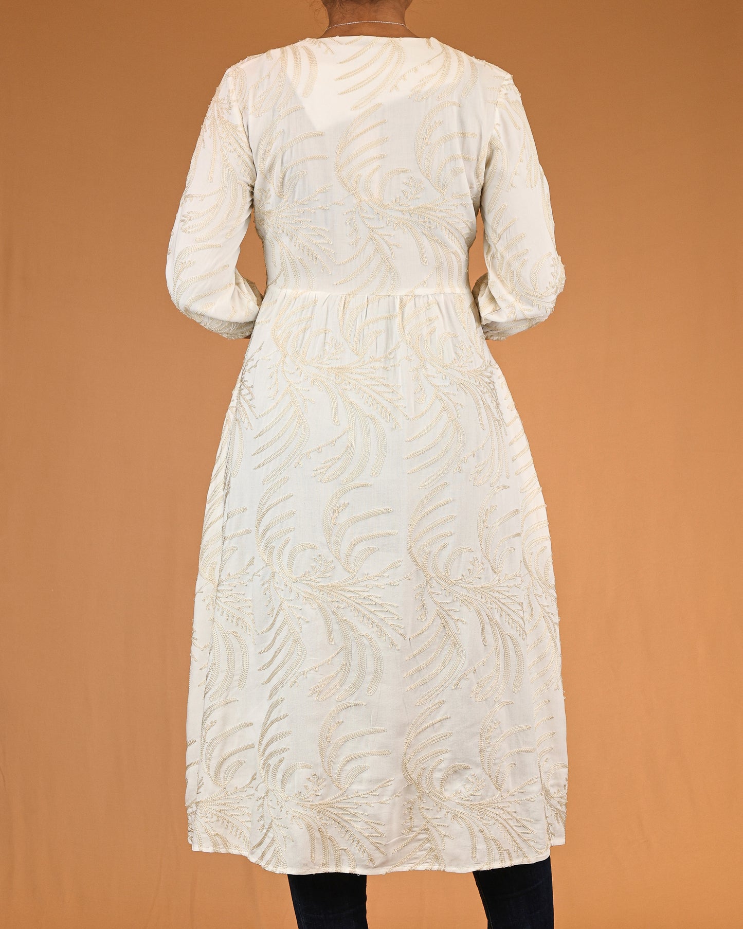 Ivory Gold-Embroidered Button-Front Midi Dress