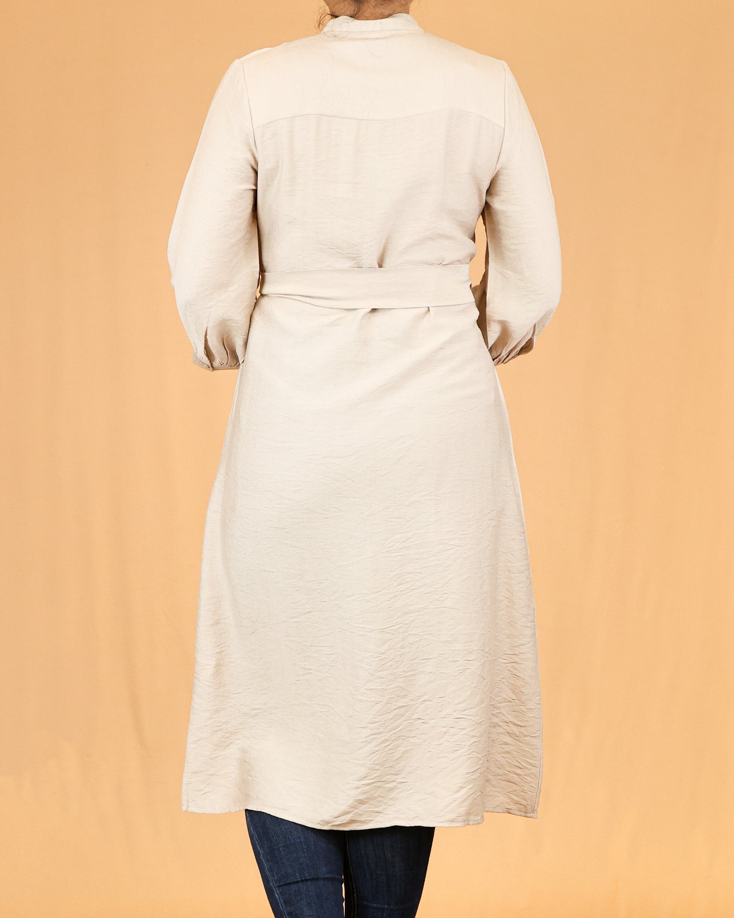 Beige Mandarin Collar Button-Down Shirt Dress with Waist Tie Belt