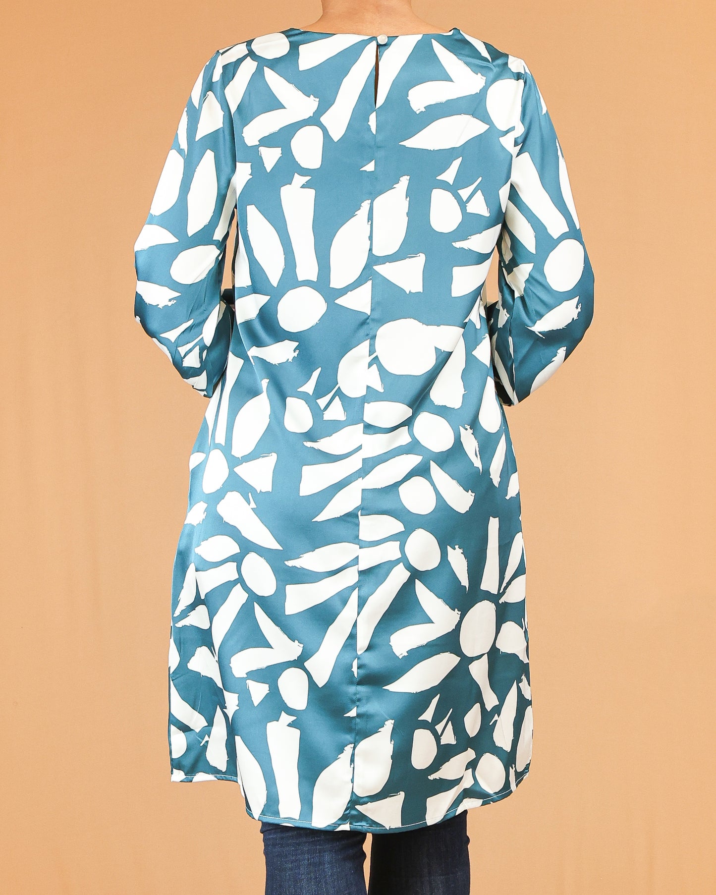 Teal Abstract Print Midi Top with Gathered Sleeves