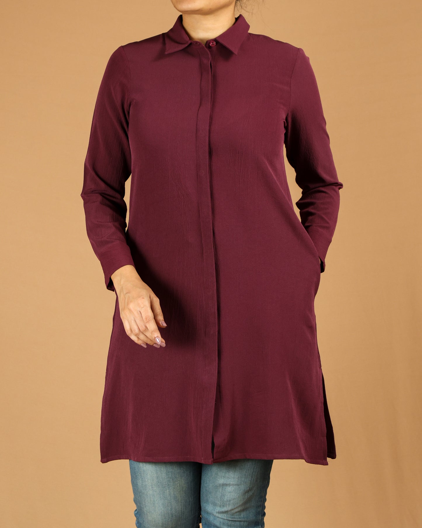 Classic Button-Down Long Shirt with Side Slits