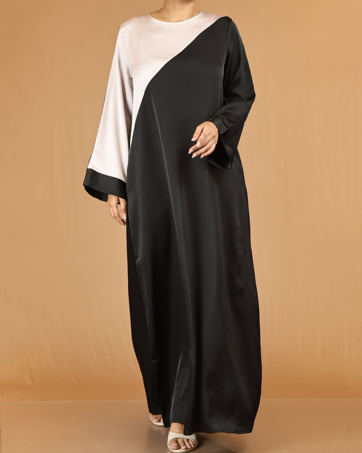 Black & Beige Asymmetric Panel Abaya with Contrast Sleeve Detail