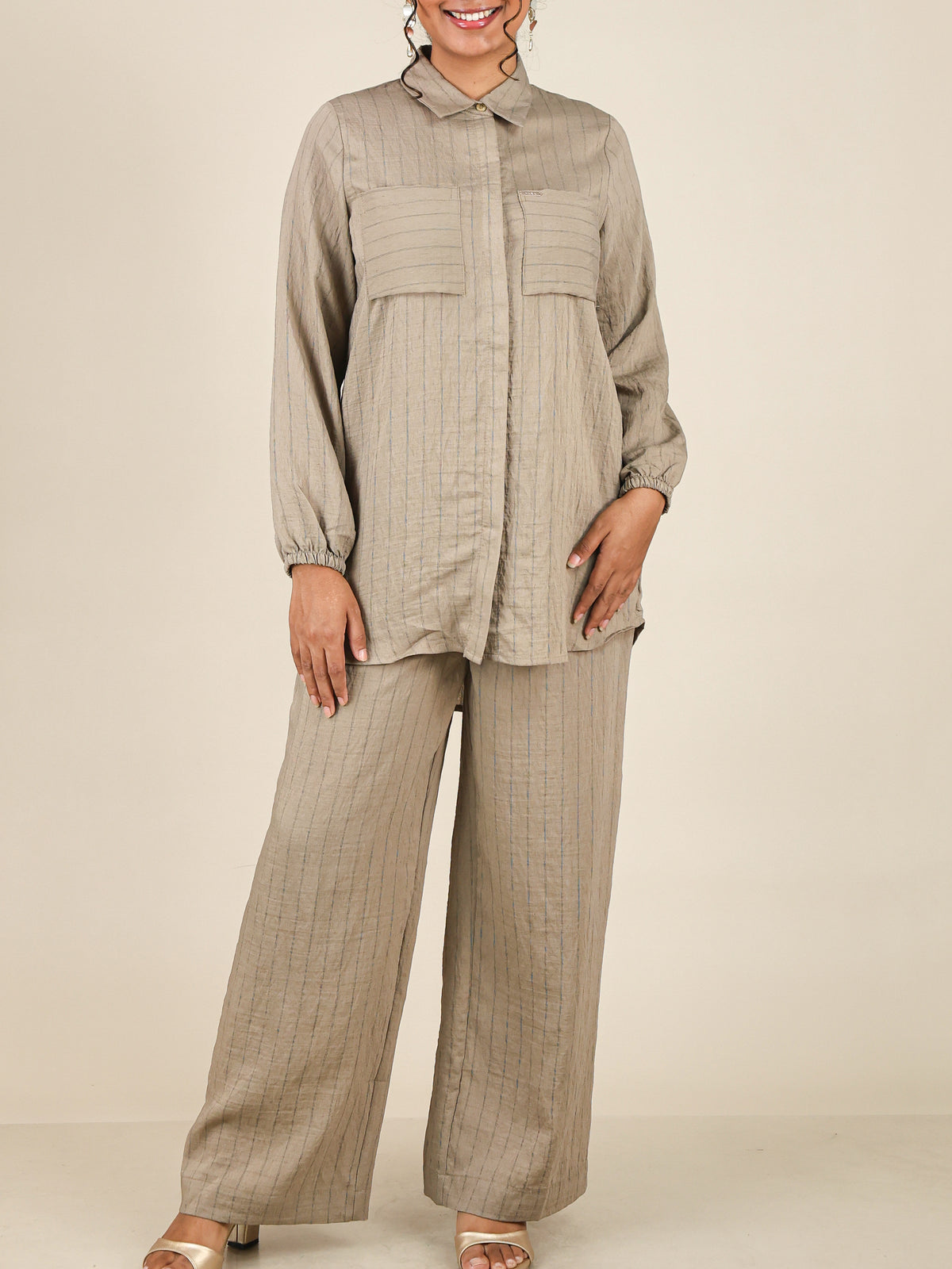 Arielle Sand Beige Pinstripe Co-Ord Set