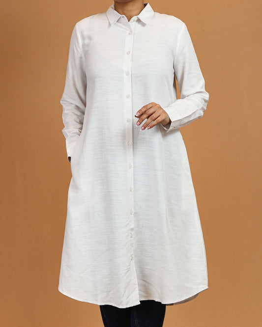 Classic Button-Down Shirt Midi Dress – Pure White